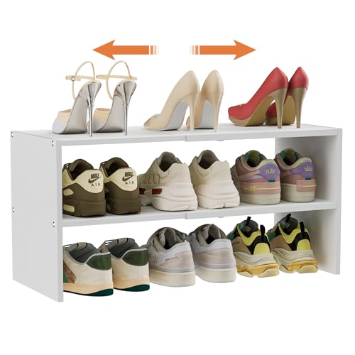 2-Tier Small Shoe Rack Organizer for Closet, White Expandable Shoe Shelf, Stackable Iron Wood Combination Shoe Racks Shelves for Closets, Entryway,Small Space,Hallway,Garage,6-12 Pairs,Patent Pending