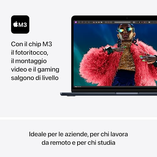 2024 MacBook Air 13" Portatile con chip M3: display Liquid Retina da 13,6", 24GB di memoria unificata, 512GB di archiviazione SSD, CPU 8-core e GPU 10-core. Mezzanotte - Notebook - Immagine 2