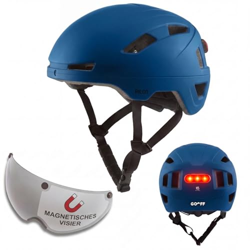 GOOFF Pilot S-Pedelec Helm - Schutz für schnelle E-Bike Fahrten – Fahrradhelm mit Visier und Licht – NTA 8776-zertifizierter Zweirathelm für Damen und Herren (Blau, L)