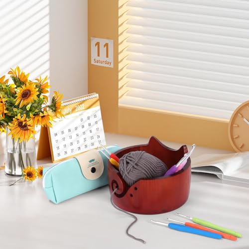 Image of XIEJ Cat Yarn Holder Set, 7 X 4inch Wooden Cat Yarn Bowl for Crocheting, Knitting Bowl with Crochet Hooks Knitting Tools for Crocheters Knitters Craft（Vintage Color）