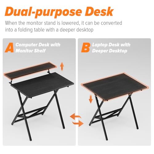 Image of WOHOMO Folding Computer Desk with Adjustable Height, 23.6 inch x 31.5 inch x 25.6 inch Foldable Table with Monitor Stand, Small Office Desk for Bedroom, Space Saving Desk for Home Office, Easy Assemble, Black