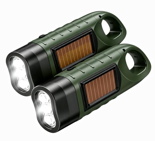 Nimbust Lampe Torche Solaire Dynamo Rechargeable 2 Pièces, Lampe de Poche Manivelle LED sans Pile avec Mousqueton, Matériel de Survie Étanche pour Camping...