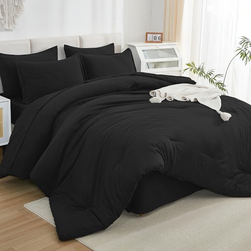 Litanika Comforter Queen Size Set Black - 7 Pieces Bed in a Bag Queen Bedding Comforter Sets, Plain Lightweight Bed Set with Comforter, Sheets, Pillowcases & Shams