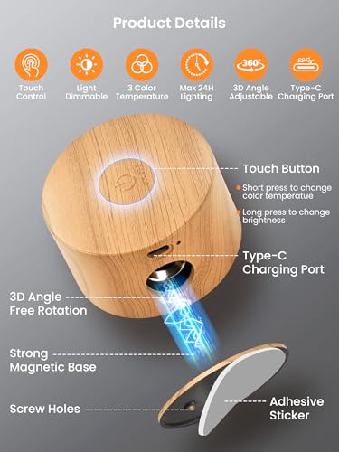 Image of AUDERWIN LED Magnetic Wall Lights Battery Operated Wall Cordless Sconces, 3 Color Temperatures & Dimmable, 360 Rotation Rechargeable Bedside Decor Wall Lamps Night Reading Lights for Bedroom