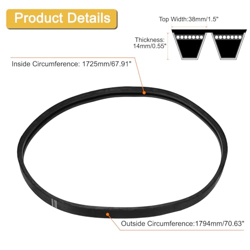 Image of uxcell 2 /B68 Classic Wrapped 2 Banded /2 Ribs V-Belt, 71 inch Outside Circumference Wrapped Industrial B Profile Rubber V-Belt for Industrial Machinery Equipment, Black