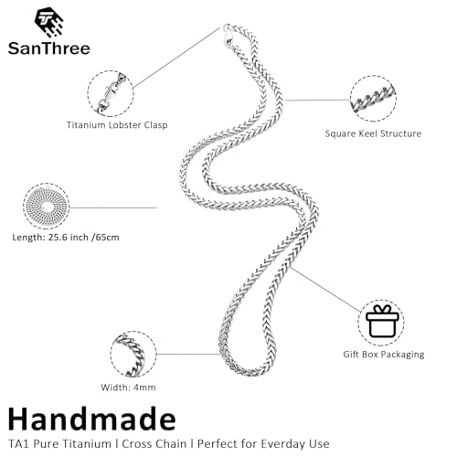 SanThree 4mm Solid Pure Titanium Necklaces for Men Women 4-Side Square Keel Twist Link Chain, Welded Finely Polished Shinny No Allergic Necklace for Anniversaries Birthday Jewelry Gifts, 25.6"3