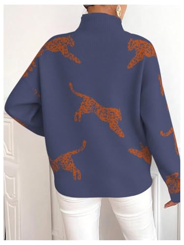 Image of WDIRARA Women's Leopard Tiger Print Sweater High Neck Long Sleeve Fuzzy Knitted Pullover Top