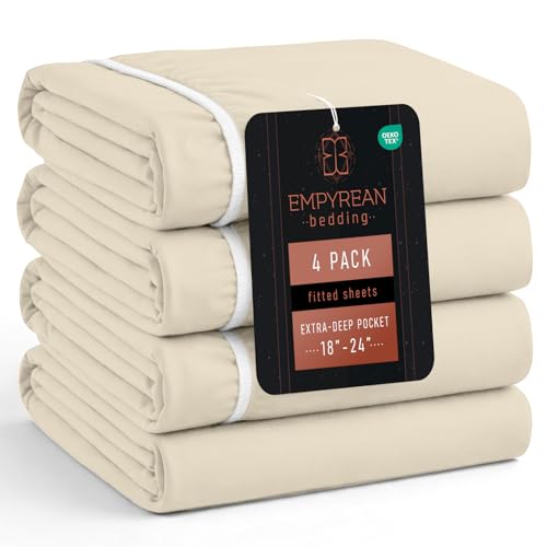 Empyrean 4 Pack Beige Cream Extra Deep Pocket Fitted Sheet Full Size, Hotel Luxury Deep Pocket Full Size Fitted Sheet Only Easily Fits 18 to 24 Inch Mattress, Soft, Wrinkle-Free with Corner Straps