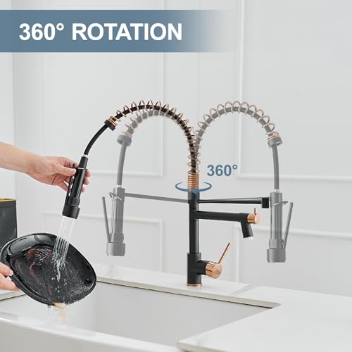 Image of AIMADI Matte Black Kitchen Faucet,Commercial Single Handle Single Hole | Spring Rose Black Gold Kitchen Faucet with Pull Down Sprayer Black Farmhouse, RV, Laundry