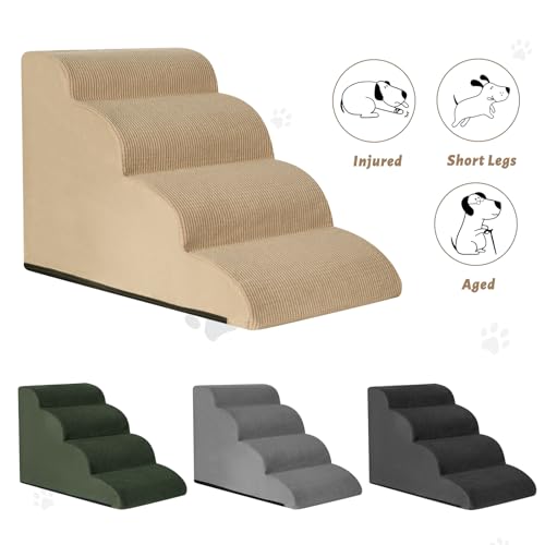 Image of Aodisman Dog Steps for Bed or Couch,4-Step Pet Stairs Ramp for Small Dogs | 17.4 inch H Indoor Non-Slip Dog Stairs Help Senior Dogs,Short-Legged Breeds,Puppies and Cats to Reach Beds and Chairs,Grey,Khaki