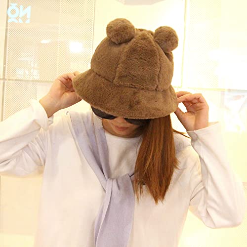 Haoohu Winter Bear Ear Bucket Hat Adults Faux Fur Bucket Hat Plush Cap Fisherman Beach Festival Sun Hat Dress Up Party Hat #TOP3