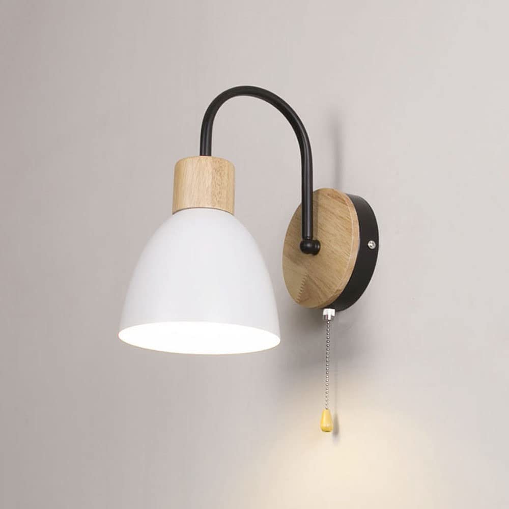 HYJAUSXB Modern Nordic Hardwired Wall Light - Wood Lamp with Pull Chain Switch Bedroom Bedside Headboard Lighting Mount Lights for Study Room, Hallway, Foyer (Black-Green) (Blackwhite)