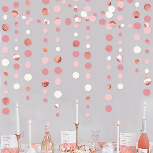 46Ft Rose Gold Blush Pink Circle Dots Garland Party Decorations Dusty Pink Hanging Paper Polka Dots Streamer for Birthday Wedding Bridal Shower Anniversary Bachelorette Engagement Baby Shower Decor