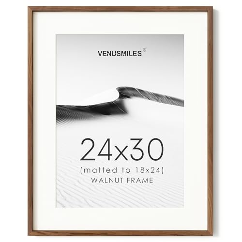 Image of 24x30 Poster Frame, USA-Sourced Natural Walnut Wood Picture Collage Frame with HD Tempered Glass, Modern Simple 24 x 30 Wooden Photo Frame Matted to 18x24, Vertical & Horizontal Wall Hanging Display