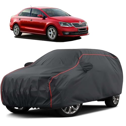 Image of Sulfar 100% Water Resistant Car Body Cover Compatible with Mirror for Skoda Rapid (Triple Stitched, Full Bottom Elastic, Dark Grey Taffeta with Red Piping)