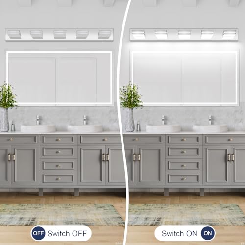 Image of Bathroom Vanity Lighting Fixtures Over Mirror (5-Light, 40-Inch) Modern LED Bathroom Wall Lighting Fixtures, Chrome (Cool White 6000K)
