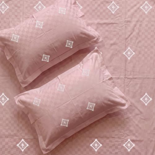 Image of Urban Space 100% Cotton 300TC Jacquard Embroidered bedsheets for King Size Bed, Pure Cotton King Bedsheet, Checks bedsheet King Size with 2 Pillow Covers (108 inch x 108 inch, Diamond Dusty Pink)