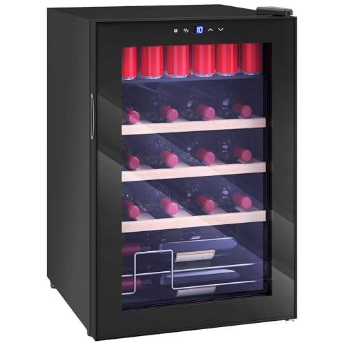 HOMCOM Cantinetta Frigo Vino da 53L con Ripiani Regolabili per 12 Bottiglie e 25 Lattine, Cantinetta Vini in Acciaio, Legno e Vetro Temperato, 43x45x64 cm, Nero