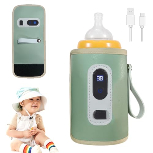 Flaschenwärmer Baby,Tragbarer Flaschenwärmer Baby,Flaschenwärmer Baby Unterwegs,USB Babyflaschenwärmer mit LCD-Display,Flaschenwärmer,für Zuhause, Outdoor, Auto, Reisen (Gün)