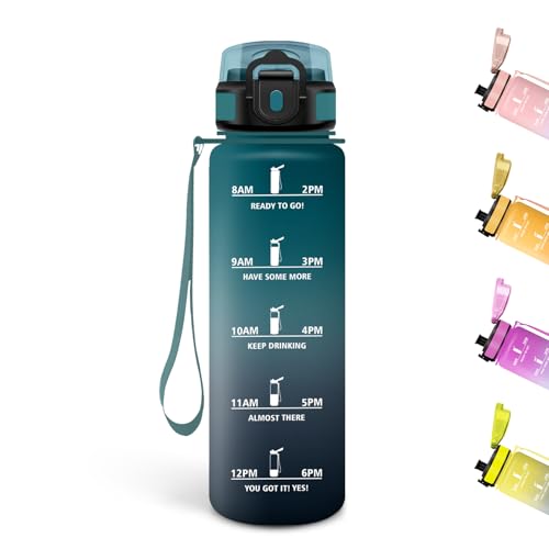 Motswedi Borraccia 500 ml, con Filtro, Borraccia Bambini, Prova di Perdite, Senza BPA, Bottiglia Acqua, con Marcatori di Tempo, per Scuola, Palestra, Ufficio, Yoga, Verde Scuro & Grigio