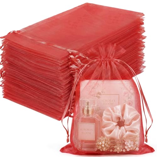 Image of FUNFERY 100PCS Red Organza Gift Bags 5x7in,Drawstring Pouch for Jewelry