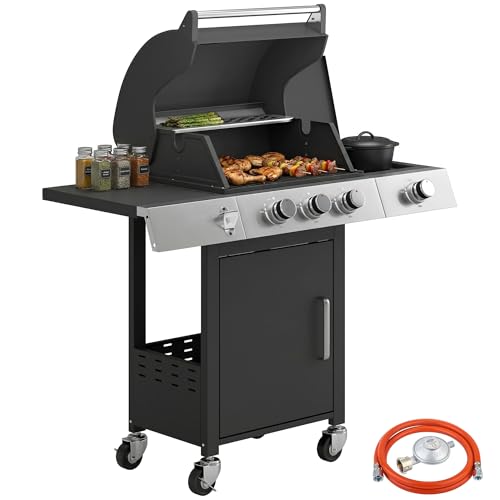 Outsunny Gasgrill 10,5 KW 3+1 Brenner BBQ Grillwagen Edelstahl inkl Seitenbrenner Flaschenöffner Thermometer Gusseisen-Grillrost Warmhalterost Rolle Seitentisch Unterschrank Gas-Grill für Balkon Party