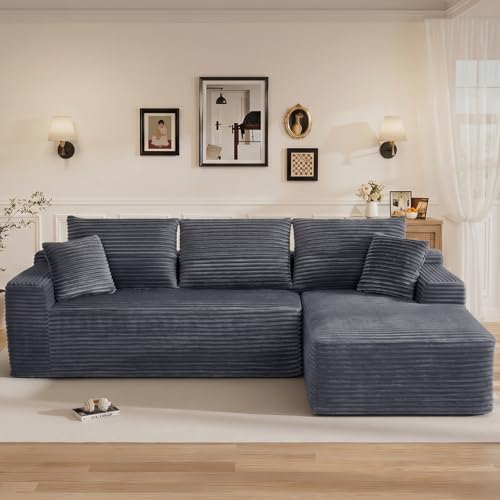 Image of 108 inch L Shaped Cloud Boneless Sectional Couches for Living Room, Modern Comfy Modular Deep Seat Memory Foam Compressed Corduroy Sofa Oversized Right Facing Chaise, No Assembly Required, Grey