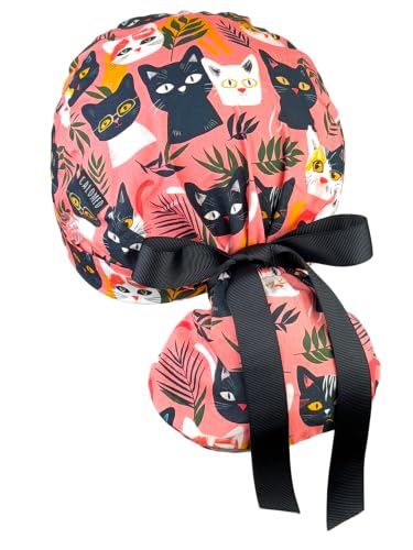 Image of Scrub Cap for Women and Men, Ponytail Scrub Caps, Working Hat, Head Cover with Ribbon Ties and Buttons, Long Hair