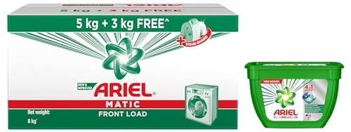 Image of Ariel Matic Front Load Detergent Washing Powder - 5kg Plus 3kg & Ariel Matic 4in1 PODs Detergent Pack 18 ct -for Top & Front load washing machine only