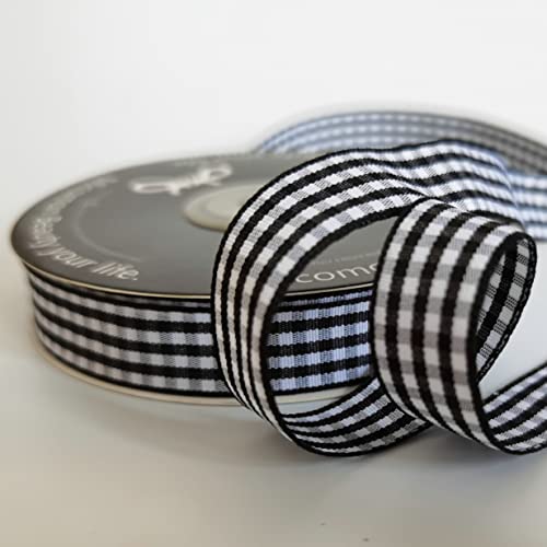 Micomon Black And White Wovon Edge Gingham Ribbon 25 Yard Each Roll 100% Polyester (5/8", Black) #TOP6