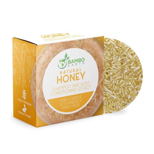 BAMBOEARTH Solid Shampoo Bar And Conditioner Effect Hair Soap – 100% Organic Shampoo Bars For Hair With All Natural Plant Based Essential Oils And Zero Waste Biodegradable Packaging (Honey)