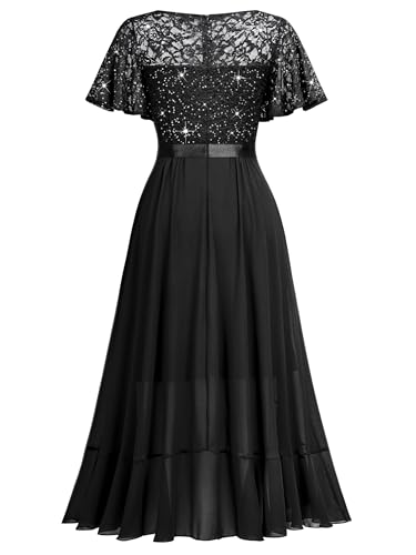 Image of Miusol Women's Classy V-Neck Butterfly Sleeve Sequined Floral Lace Ruffle Split Bridesmaid Party Dress
