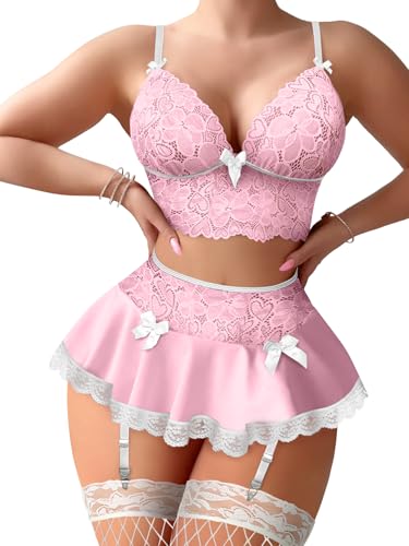 Sexy Stocking Mini Skirt Wireless Mesh Lace Garter Lingerie with Thong Set 4 Pieces