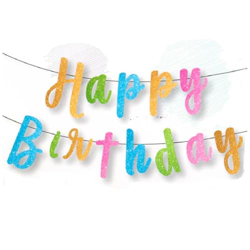 Image of Wanna Party Glitter Happy Birthday Banner - Sparkling Cursive Script Letters Paper Bunting Decorations, Cake Smash, Photo Props & Vibrant Celebration Supplies - Multicolored Sparkly Sign