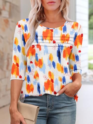 KISSMODA Women's Casual 3/4 Sleeve T-Shirts Round Neck Cute Tunic Tops Basic/Pleated Summer Tops Trendy Spring Blouses