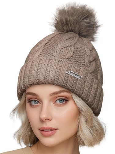 Neverless® Damen Strickmütze mit Fleecefutter und Kunstfell Bommel Zopfmuster Grobstrick Wintermütze Bommelmütze Model 2207 Dunkel-beige Unisize