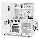 INFANS Play Kitchen for Kids, Wooden Kids Play Kitchen Playset with Realistic Light & Sounds, Pots Pan Microwave Sink, Children Pretend Cooking Toy Set Gift for Toddler Boys Girls Ages 3+ (White)