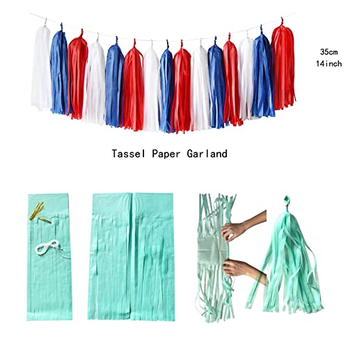 Image of Fourth-4th of July Imemorial-Day Party-Decorations - 23pcs Red White Blue Graduation Banner, USA Patriotic Tassel Garland Streamers, Paper Tissue Pom Poms, America Independence Decor Lasting Surprise