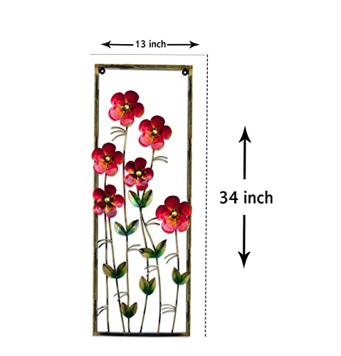 Image of iHandikart Verticle Metal Wall Art Red Flower Design 34 * 13 Inch | Large 3D Metal Wall Decor for Living Room | Modern Luxury Wall Hanging for Home, Bedroom, Hall | Designer Floral Wall Decoration