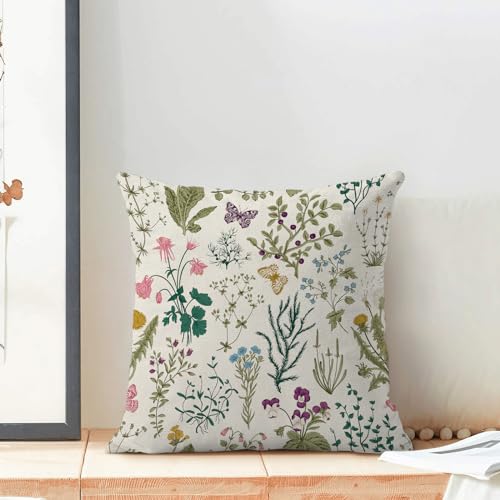Image of AEIOAE Spring Pillow Covers 16x16 Inch Set of 2,Sage Green Teal Wild Flower Plant Throw Pillows Case,Seasonal Floral Outdoor Decorative Linen Farmhouse Decor Cushion Covers for Home Sofa Bed Couch