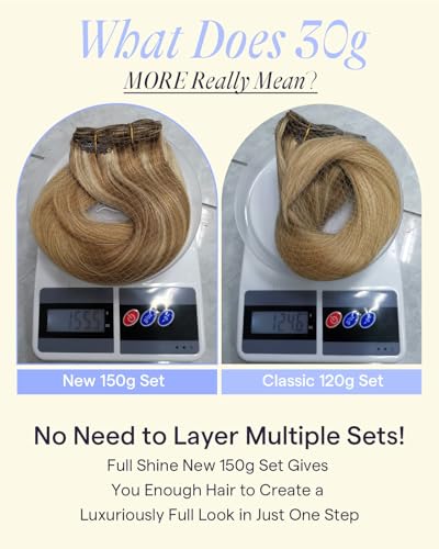 Image of Full Shine Clip in Hair Extensions Real Human Hair, 20 Inch 150g 7Pcs | Golden Blonde Highlight Dirty Blonde Thick Hair Extensions, Double Weft Human Hair for Natural Blend, Everyday Wear