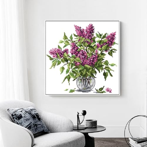 Image of Qeerysew Cross Stitch Kit Stamped Full Range of Embroidery Starter Kits for Beginners DIY-Printed kit Purple Flower 3(Printed) 11CT 14.6x14.6 inches