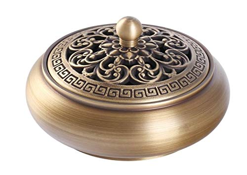 Ansimple 香炉(机上香炉) 香炉皿 お香立て 丸香炉 銅香炉 銅器 アンティーク調 蓋付き お香立て付き (真鍮色)