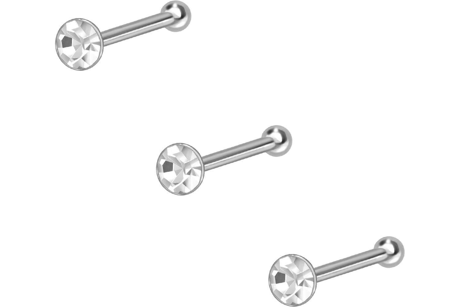 PIERCINGLINE Juego de 3 piercings para nariz de plata 925 con cristal redondo, color plateado, Plata, Crystal