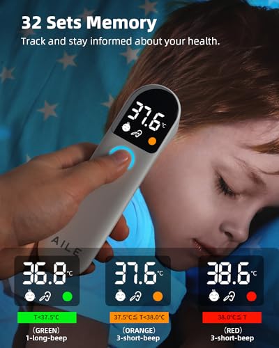 Image of Digital Temperature Thermometer for Ear-Forehead: AILE Infrared Thermometers Gun for Baby and Adult - Approved UK Accurate Fast Readings Fever Alarm Mute Mode Non touch Contact Measurement (WHITE)