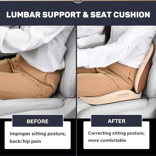 Image of Coverado Car Seat Cushion and Lumbar Support Pillow, Memory Foam Ergonomic Back Support Driving Seat Cushion for Sciatica, Tailbone, Back Pain, Non-Slip Washable Cushion for Car, Driver, Office