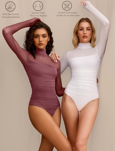 Image of Avidlove Women Long Sleeve Bodysuit Turtle Neck Shapewear Body Suits Mesh One Piece Leotard Shirt Going Out Tops Fall Outfits