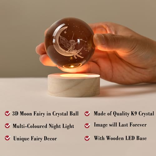 IFOLAINA Moon Fairy Crystal Ball - 3D Laser Engraved Glass Night Light, Decorative Globe, Crystal Moon Sphere - Gifts for Girls, Her, Fairy Lovers - Image 6