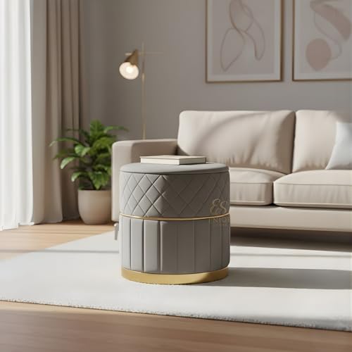 Image of ENIQE STORE Set of 2 Round Velvet Ottoman Footstool Gold Base - Tufted Upholstered Pouffe Stool for Living Room, Bedroom & Dressing Area (Grey)