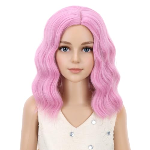 Image of PATTNIUM Kids Light Pink Wig Girls Short Wavy Pink Bob Wig Heat Resistant Synthetic Hair Wigs for Cosplay Party